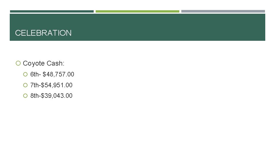 CELEBRATION Coyote Cash: 6 th- $48, 757. 00 7 th-$54, 951. 00 8 th-$39,