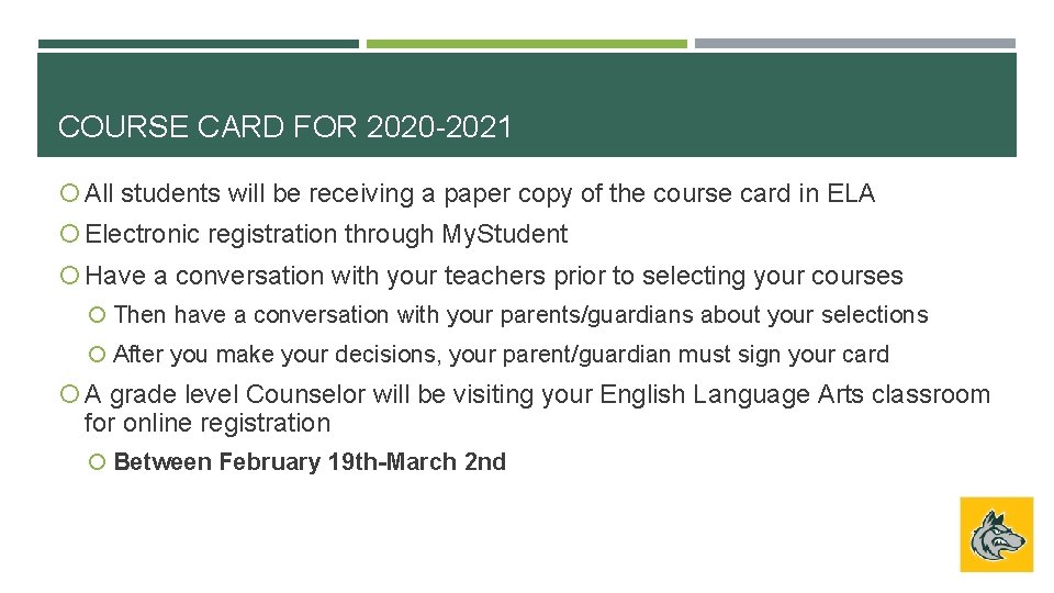 COURSE CARD FOR 2020 -2021 All students will be receiving a paper copy of