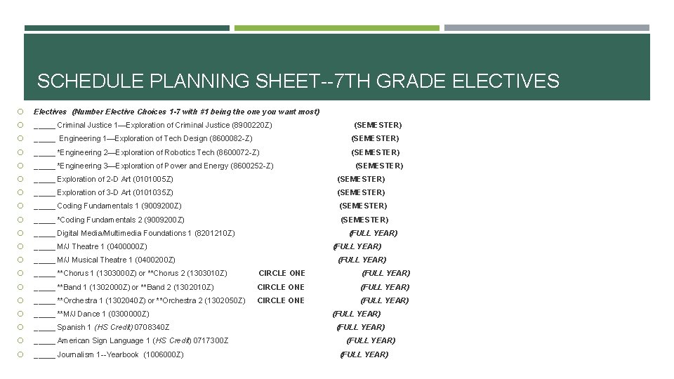 SCHEDULE PLANNING SHEET--7 TH GRADE ELECTIVES Electives (Number Elective Choices 1 -7 with #1