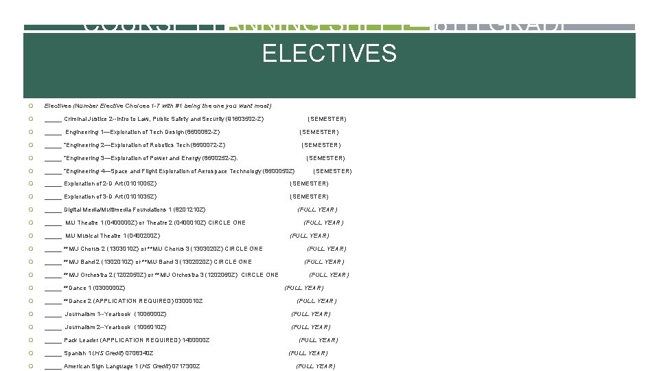 COURSE PLANNING SHEET— 8 TH GRADE ELECTIVES Electives (Number Elective Choices 1 -7 with