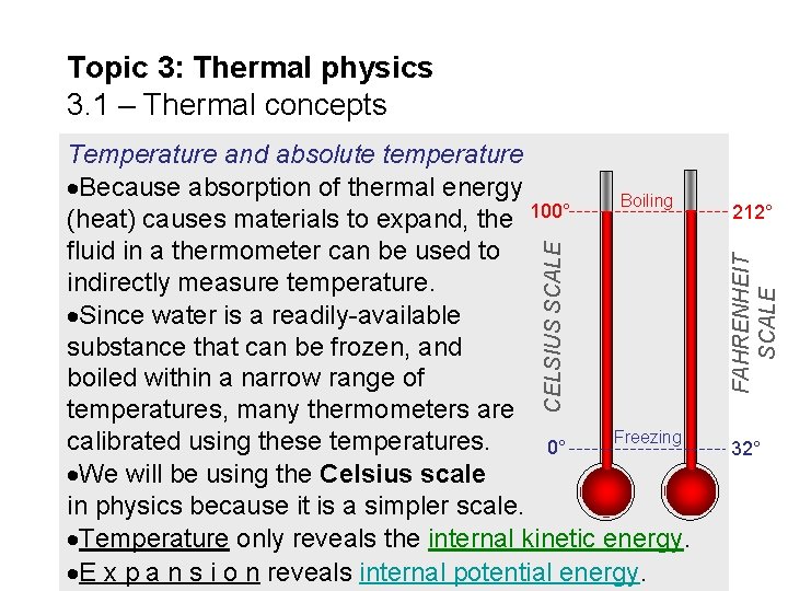 Topic 3: Thermal physics 3. 1 – Thermal concepts 212° FAHRENHEIT SCALE CELSIUS SCALE