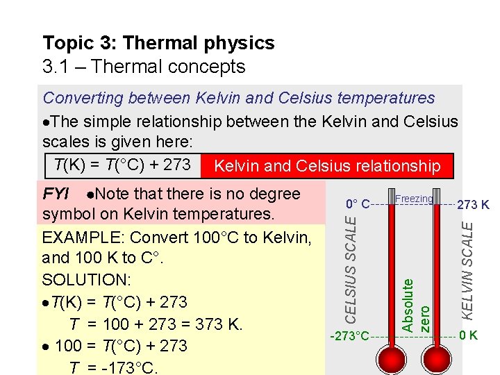 Topic 3: Thermal physics 3. 1 – Thermal concepts Converting between Kelvin and Celsius
