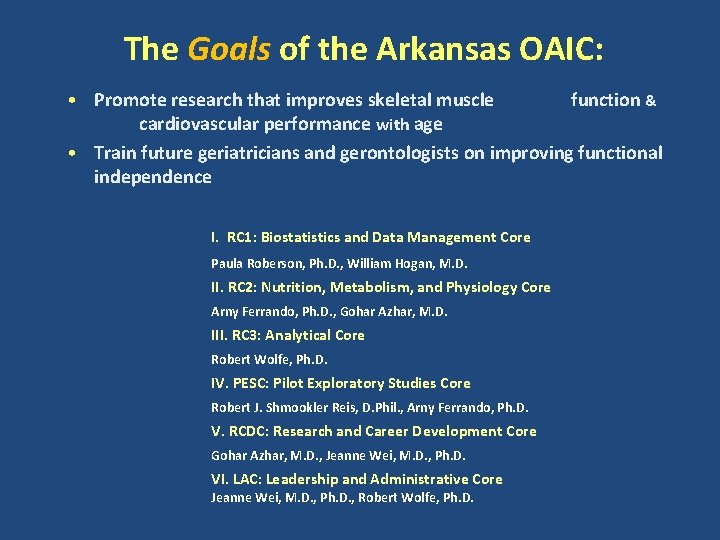 The Goals of the Arkansas OAIC: • Promote research that improves skeletal muscle function