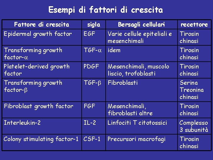 Esempi di fattori di crescita Fattore di crescita sigla Bersagli cellulari recettore Epidermal growth