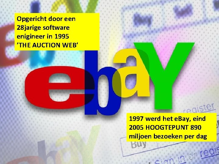 Opgericht door een 28 jarige software enigineer in 1995 ’THE AUCTION WEB’ 1997 werd