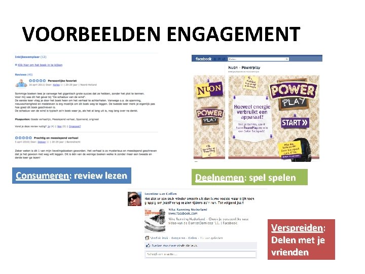 VOORBEELDEN ENGAGEMENT Consumeren: review lezen Deelnemen: spelen Verspreiden: Delen met je vrienden 