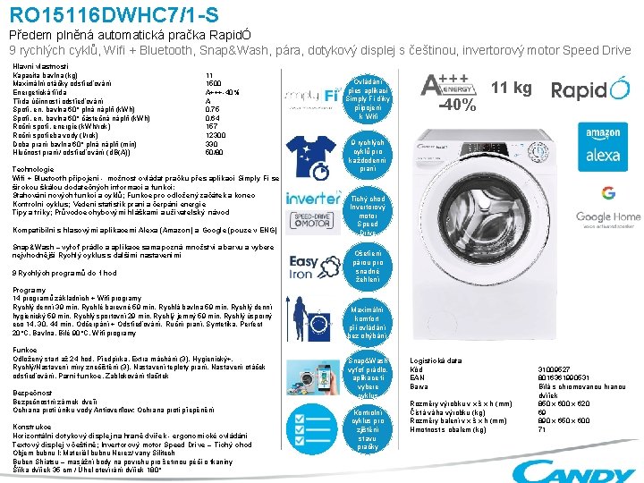 RO 15116 DWHC 7/1 -S Předem plněná automatická pračka RapidÓ 9 rychlých cyklů, Wifi
