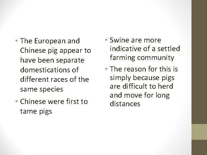 Pigs • The European and Chinese pig appear to have been separate domestications of
