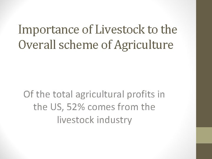 Importance of Livestock to the Overall scheme of Agriculture Of the total agricultural profits