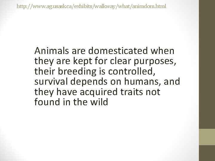 http: //www. ag. usask. ca/exhibits/walkway/what/animdom. html Animals are domesticated when they are kept for