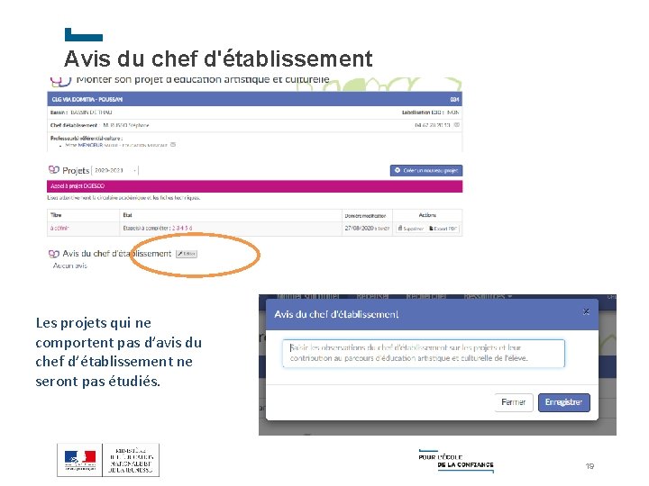 Avis du chef d'établissement Les projets qui ne comportent pas d’avis du chef d’établissement