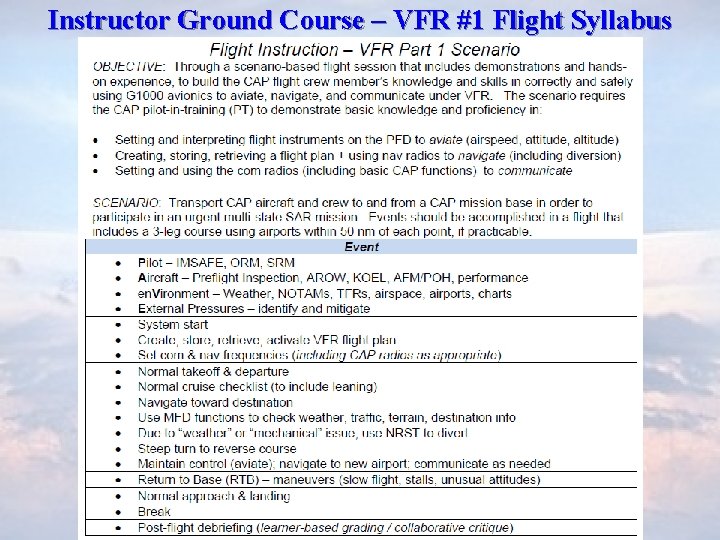 Instructor Ground Course – VFR #1 Flight Syllabus 