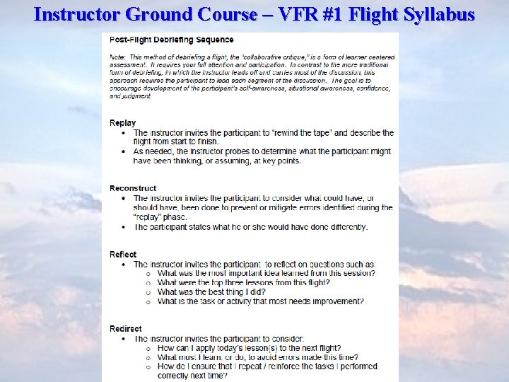 Instructor Ground Course – VFR #1 Flight Syllabus 