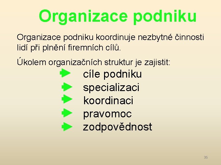 Organizace podniku koordinuje nezbytné činnosti lidí při plnění firemních cílů. Úkolem organizačních struktur je