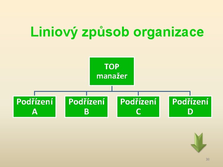 Liniový způsob organizace TOP manažer Podřízení A Podřízení B Podřízení C Podřízení D 38