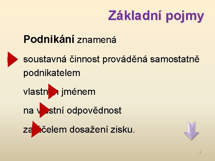 Základní pojmy Podnikání znamená soustavná činnost prováděná samostatně podnikatelem vlastním jménem na vlastní odpovědnost