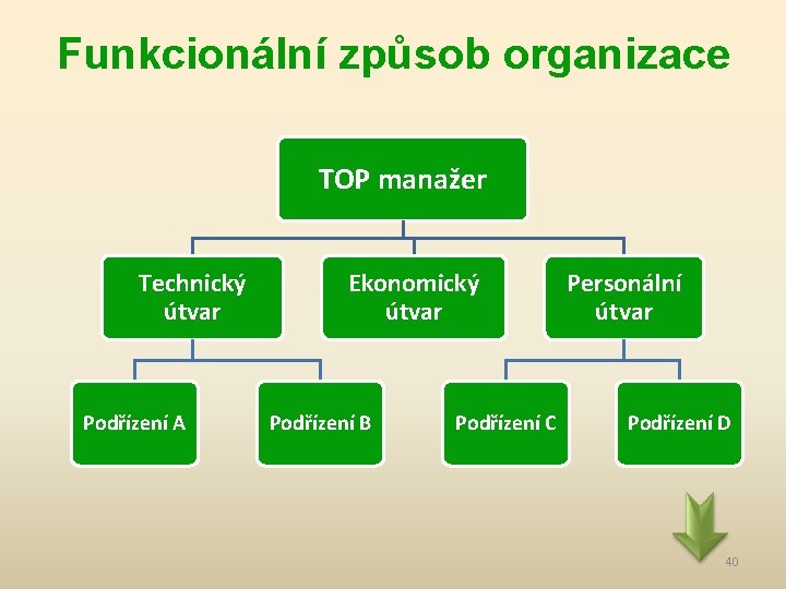 Funkcionální způsob organizace TOP manažer Technický útvar Podřízení A Ekonomický útvar Podřízení B Podřízení