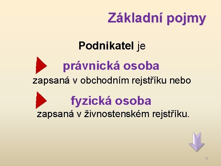 Základní pojmy Podnikatel je právnická osoba zapsaná v obchodním rejstříku nebo fyzická osoba zapsaná