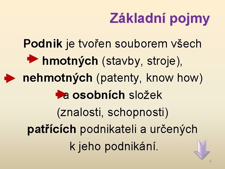 Základní pojmy Podnik je tvořen souborem všech hmotných (stavby, stroje), nehmotných (patenty, know how)