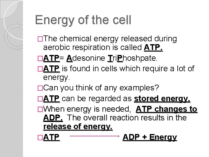 Energy of the cell �The chemical energy released during aerobic respiration is called ATP.