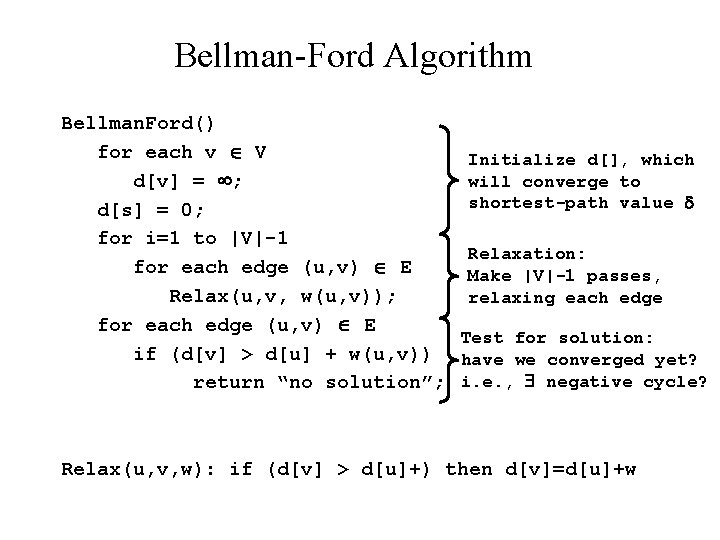 Bellman-Ford Algorithm Bellman. Ford() for each v V Initialize d[], which will converge to