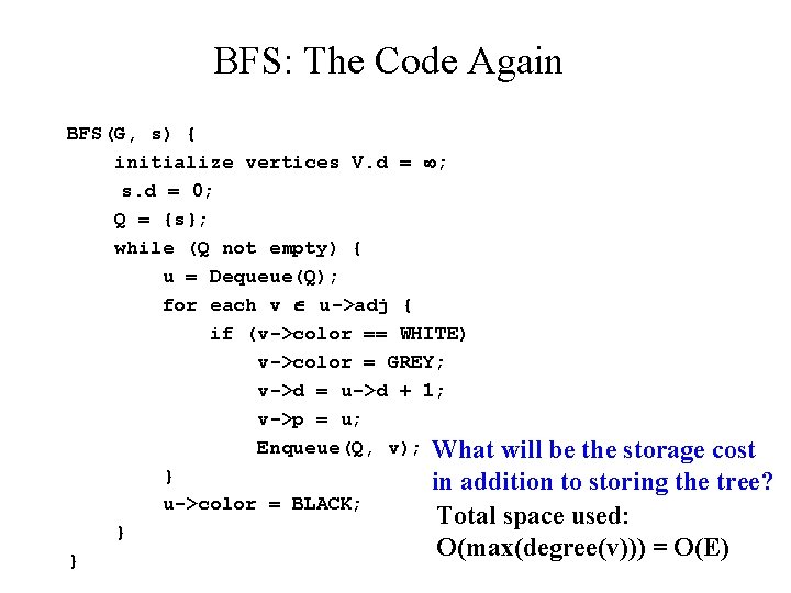 BFS: The Code Again BFS(G, s) { initialize vertices V. d = ; s.