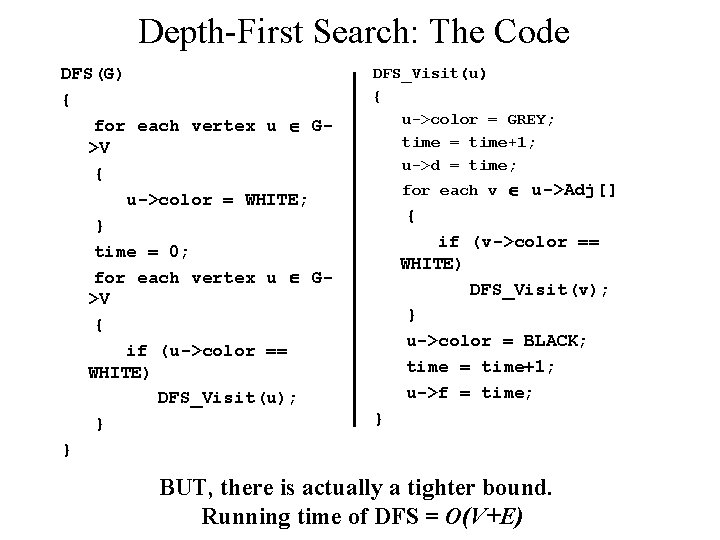 Depth-First Search: The Code DFS(G) { for each vertex u G>V { u->color =