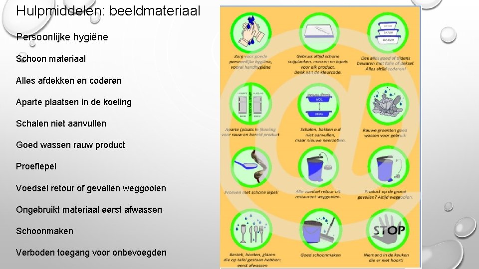 Hulpmiddelen: beeldmateriaal Persoonlijke hygiëne Schoon materiaal Alles afdekken en coderen Aparte plaatsen in de