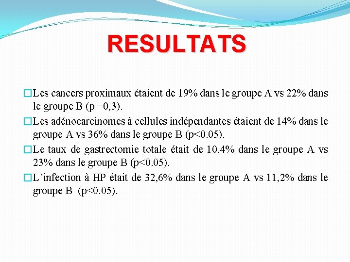 RESULTATS �Les cancers proximaux étaient de 19% dans le groupe A vs 22% dans