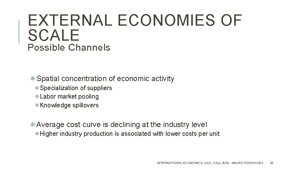 EXTERNAL ECONOMIES OF SCALE Possible Channels Spatial concentration of economic activity Specialization of suppliers