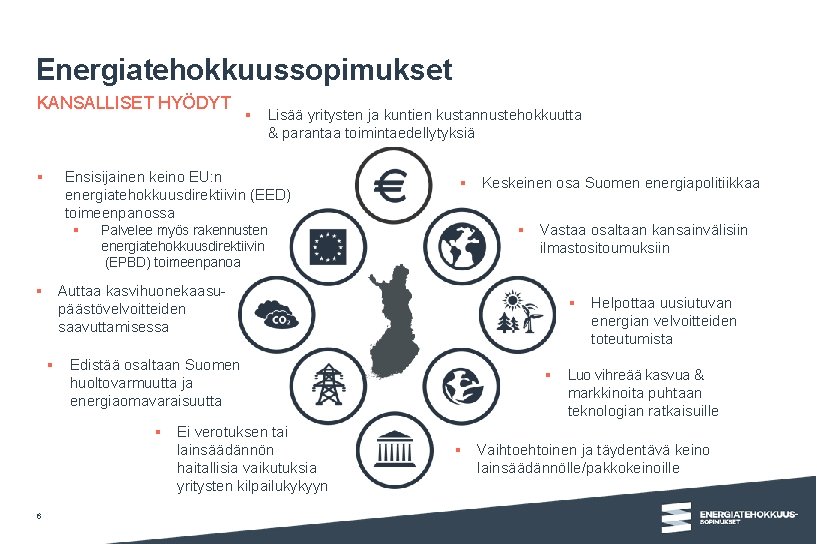 Energiatehokkuussopimukset KANSALLISET HYÖDYT § § Lisää yritysten ja kuntien kustannustehokkuutta & parantaa toimintaedellytyksiä Ensisijainen