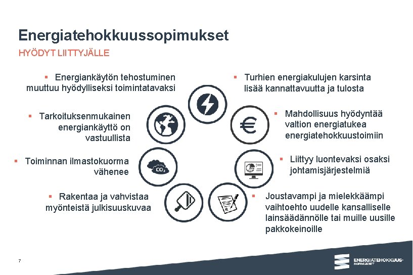 Energiatehokkuussopimukset HYÖDYT LIITTYJÄLLE § Energiankäytön tehostuminen muuttuu hyödylliseksi toimintatavaksi § Turhien energiakulujen karsinta lisää