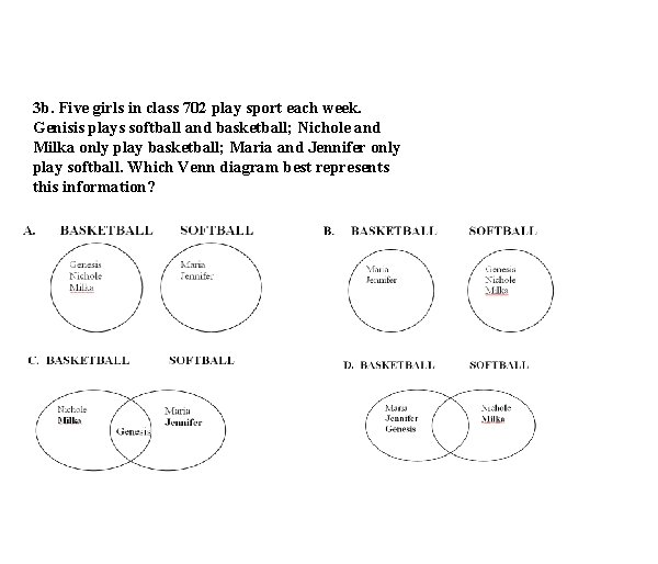 3 b. Five girls in class 702 play sport each week. Genisis plays softball