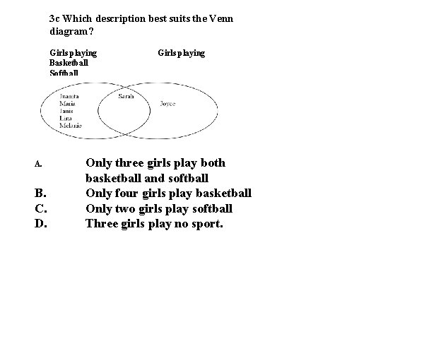 3 c Which description best suits the Venn diagram? Girls playing Basketball Softball A.