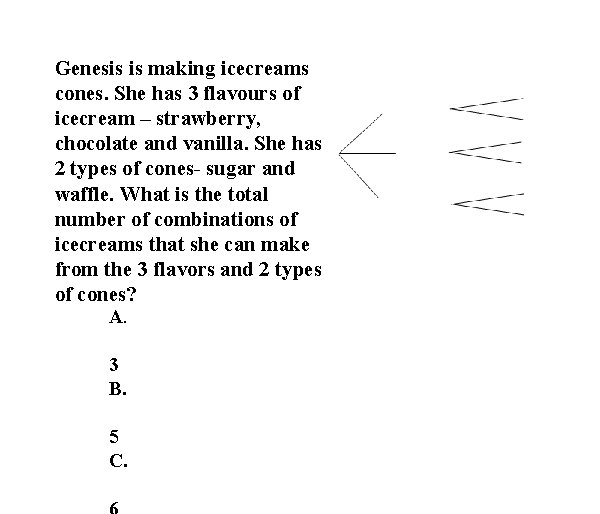 Genesis is making icecreams cones. She has 3 flavours of icecream – strawberry, chocolate