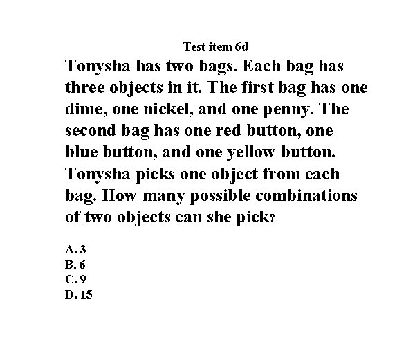 Test item 6 d Tonysha has two bags. Each bag has three objects in