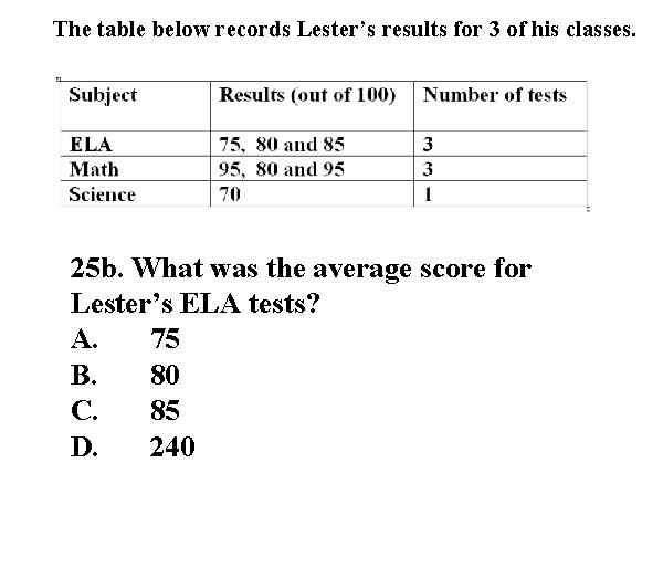 The table below records Lester’s results for 3 of his classes. 25 b. What