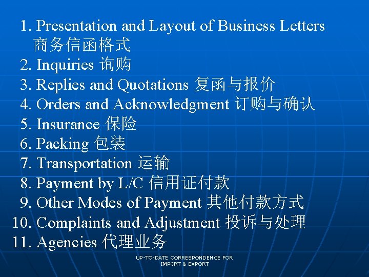 1. Presentation and Layout of Business Letters 商务信函格式 2. Inquiries 询购 3. Replies and