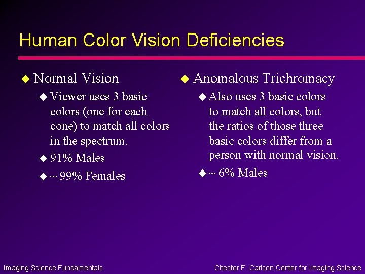 Human Color Vision Deficiencies u Normal Vision u Viewer uses 3 basic colors (one Human Color Vision Deficiencies u Normal Vision u Viewer uses 3 basic colors (one