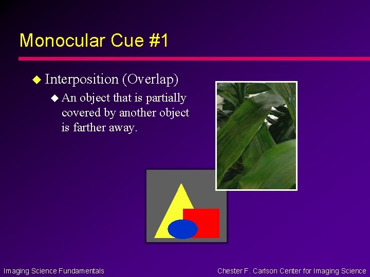Monocular Cue #1 u Interposition (Overlap) u An object that is partially covered by Monocular Cue #1 u Interposition (Overlap) u An object that is partially covered by