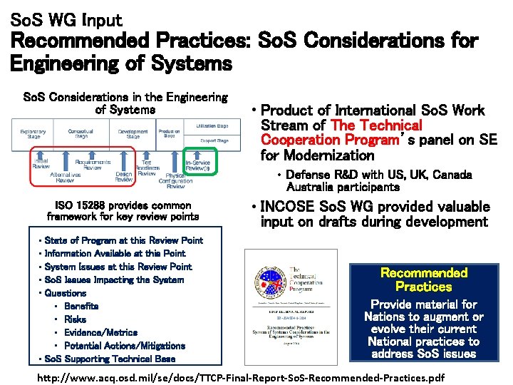 So. S WG Input Recommended Practices: So. S Considerations for Engineering of Systems So.