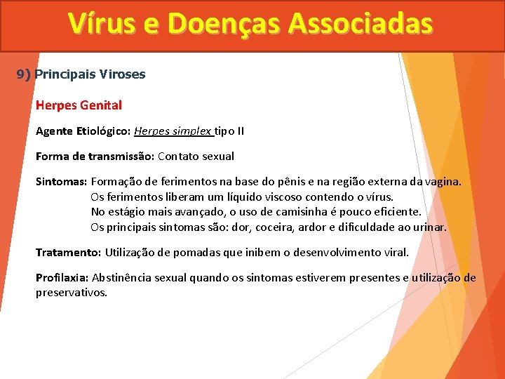 Vírus e Doenças Associadas 9) Principais Viroses Herpes Genital Agente Etiológico: Herpes simplex tipo