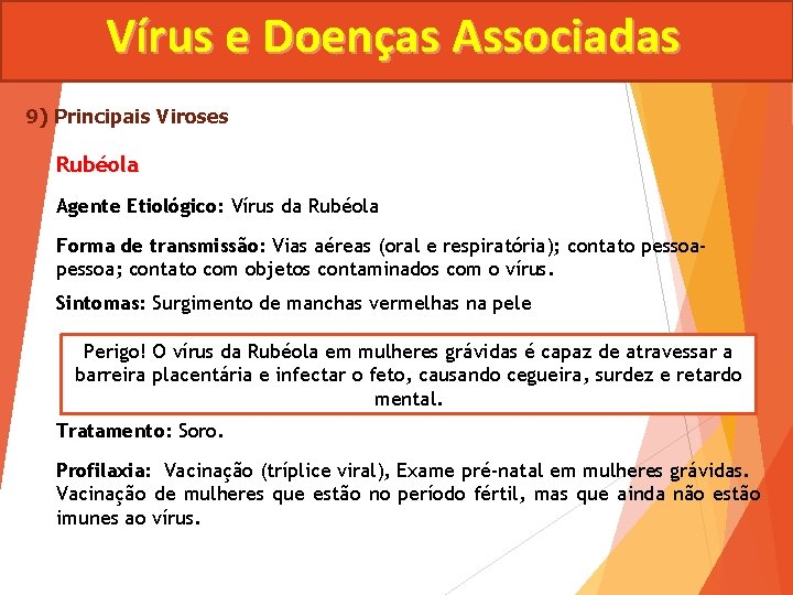 Vírus e Doenças Associadas 9) Principais Viroses Rubéola Agente Etiológico: Vírus da Rubéola Forma