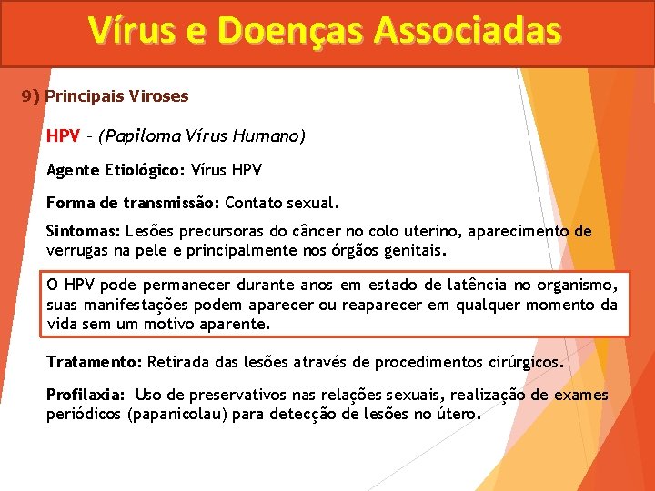 Vírus e Doenças Associadas 9) Principais Viroses HPV – (Papiloma Vírus Humano) Agente Etiológico: