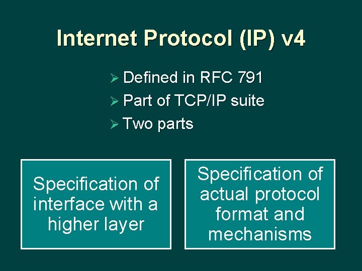 Internet Protocol (IP) v 4 Ø Defined in RFC 791 Ø Part of TCP/IP