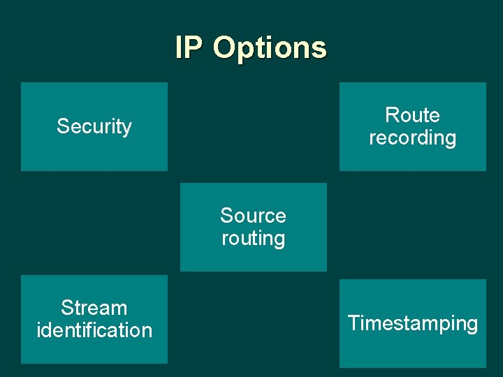 IP Options Route recording Security Source routing Stream identification Timestamping 