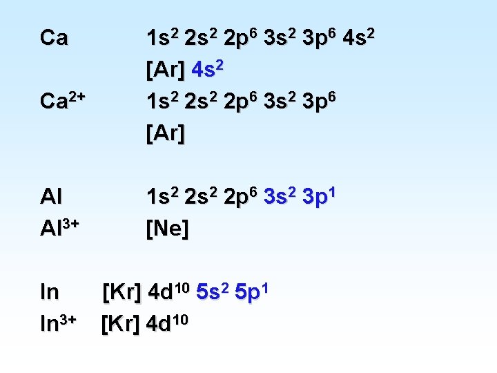 Ca Ca 2+ Al Al 3+ In In 3+ 1 s 2 2 p