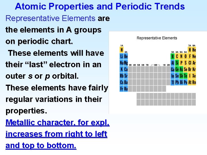 Atomic Properties and Periodic Trends Representative Elements are the elements in A groups on