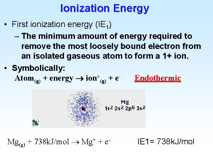 Ionization Energy • First ionization energy (IE 1) – The minimum amount of energy