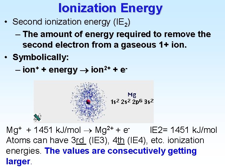 Ionization Energy • Second ionization energy (IE 2) – The amount of energy required